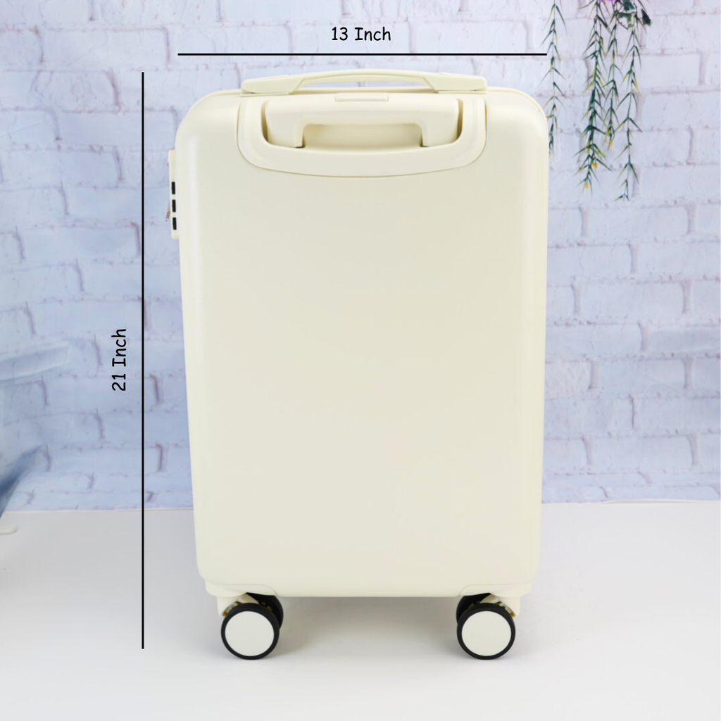 Back view of the white suitcase with illustrated measurements of 13 inches wide and 21 inches high