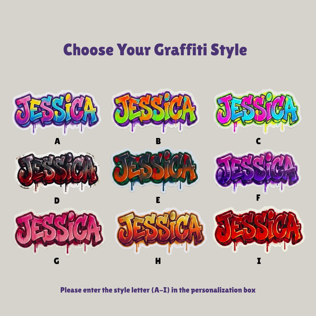 Graffiti name lettering style chart showing options A through I