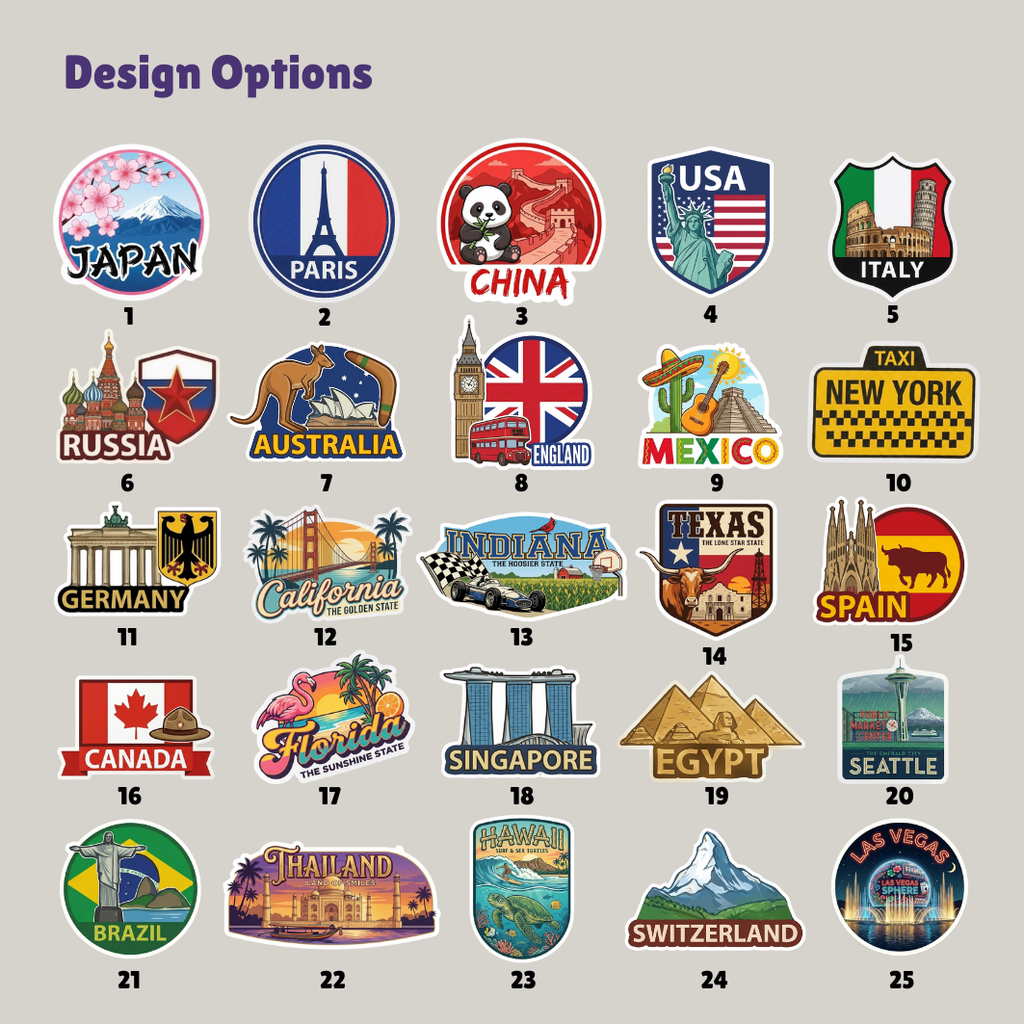 Travel destination design chart showing 25 example city and country graphics
