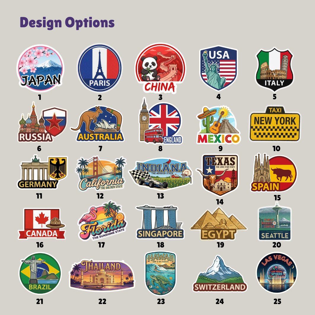 Travel destination design chart showing 25 example city and country graphics