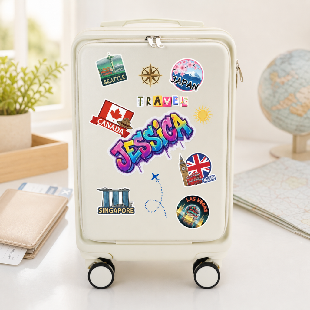 Front view of a white graffiti suitcase personalized with example name Jessica and travel destination graphics