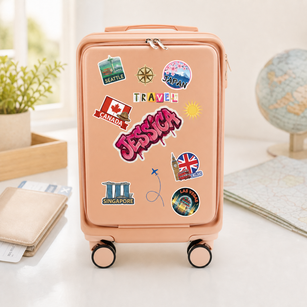 Pale Pink graffiti suitcase with example name Jessica and travel destination graphics