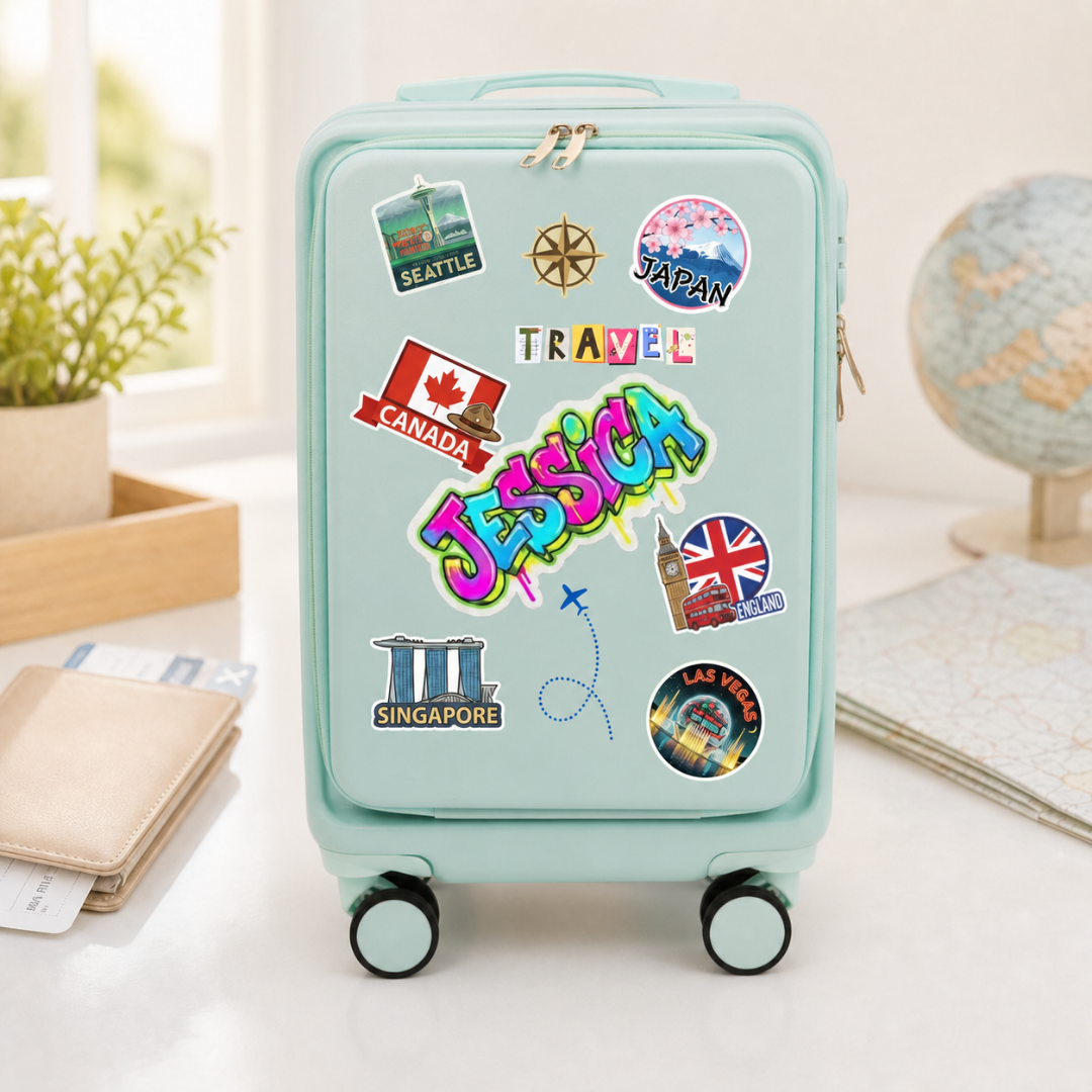 Mint Green graffiti suitcase with example name Jessica and travel destination graphics