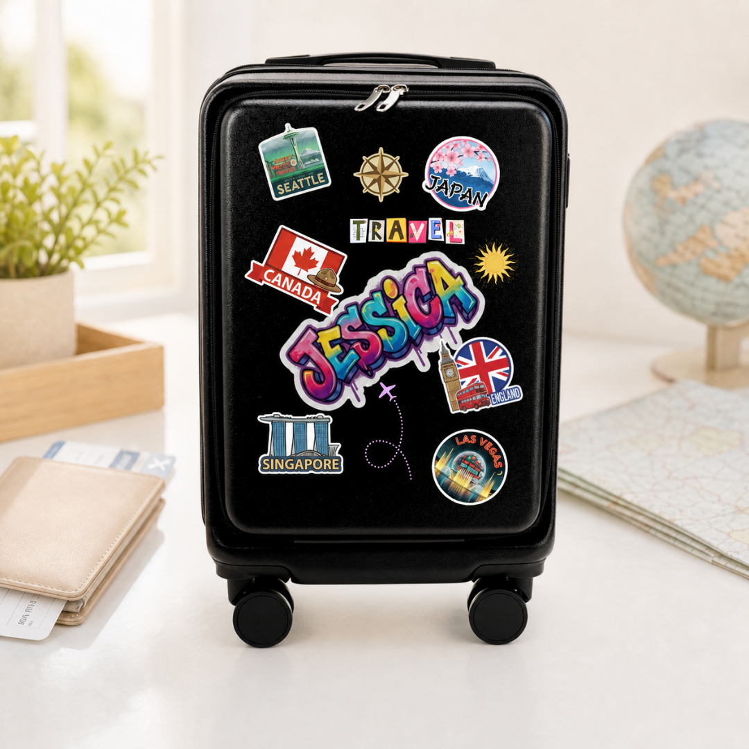 Black graffiti suitcase with example name Jessica and travel destination graphics