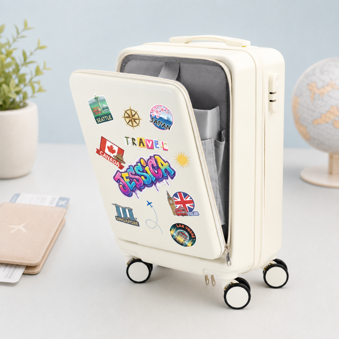 White graffiti carry-on suitcase shown partly open with example name Jessica and travel destination graphics