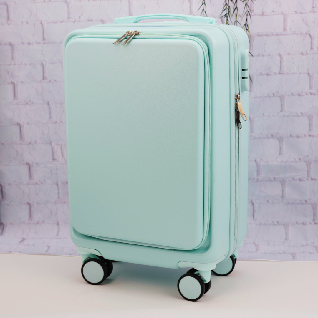 Mint Green carry-on suitcase showing the blank front panel before personalization