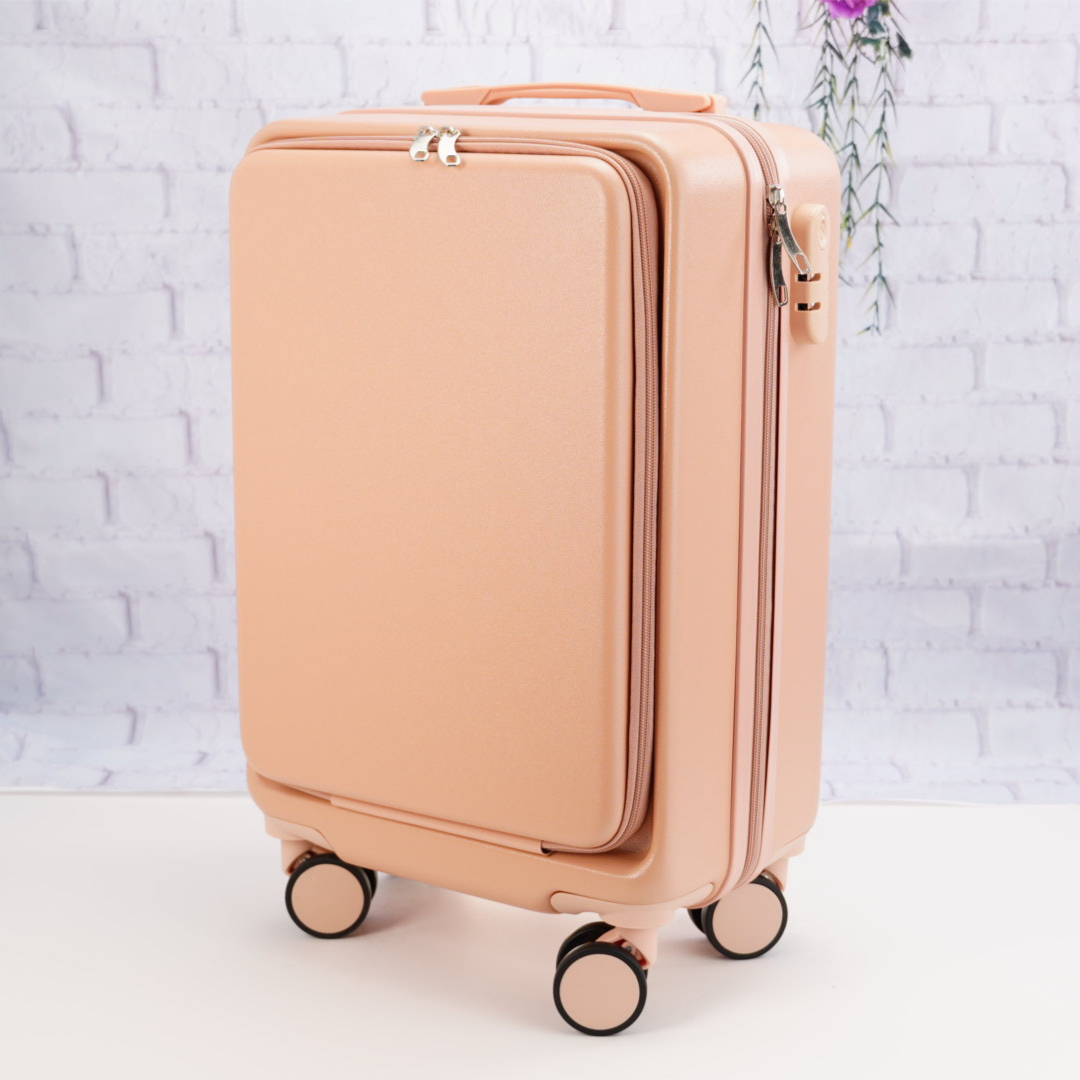 Pale Pink carry-on suitcase showing the blank front panel before personalization