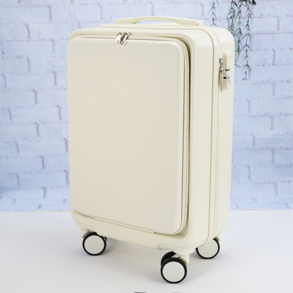 White carry-on suitcase showing the blank front panel before personalization