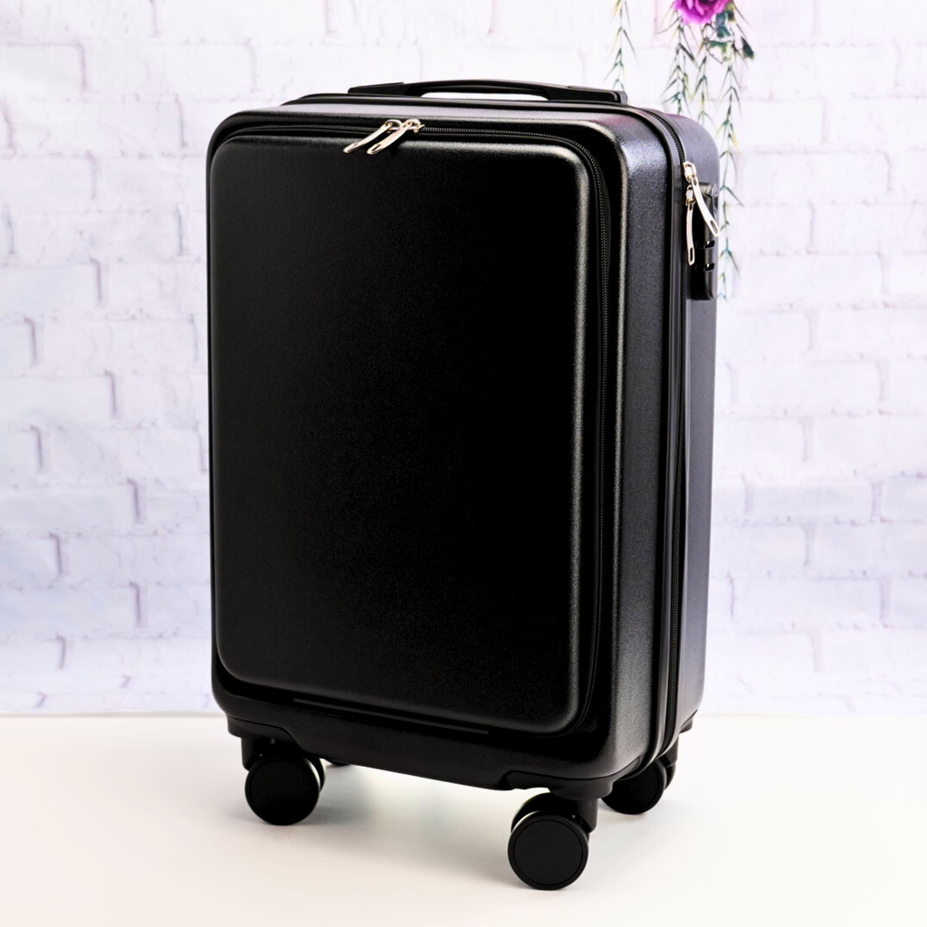 Black carry-on suitcase showing the blank front panel before personalization