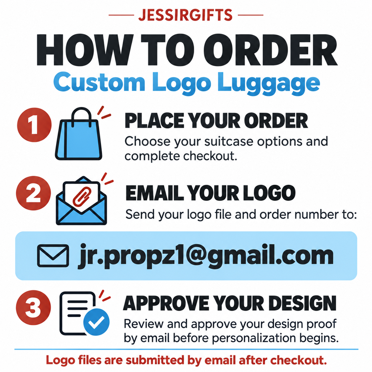 Custom logo luggage guide: place your order, email your logo and order number to jr.propz1@gmail.com, then approve the emailed design