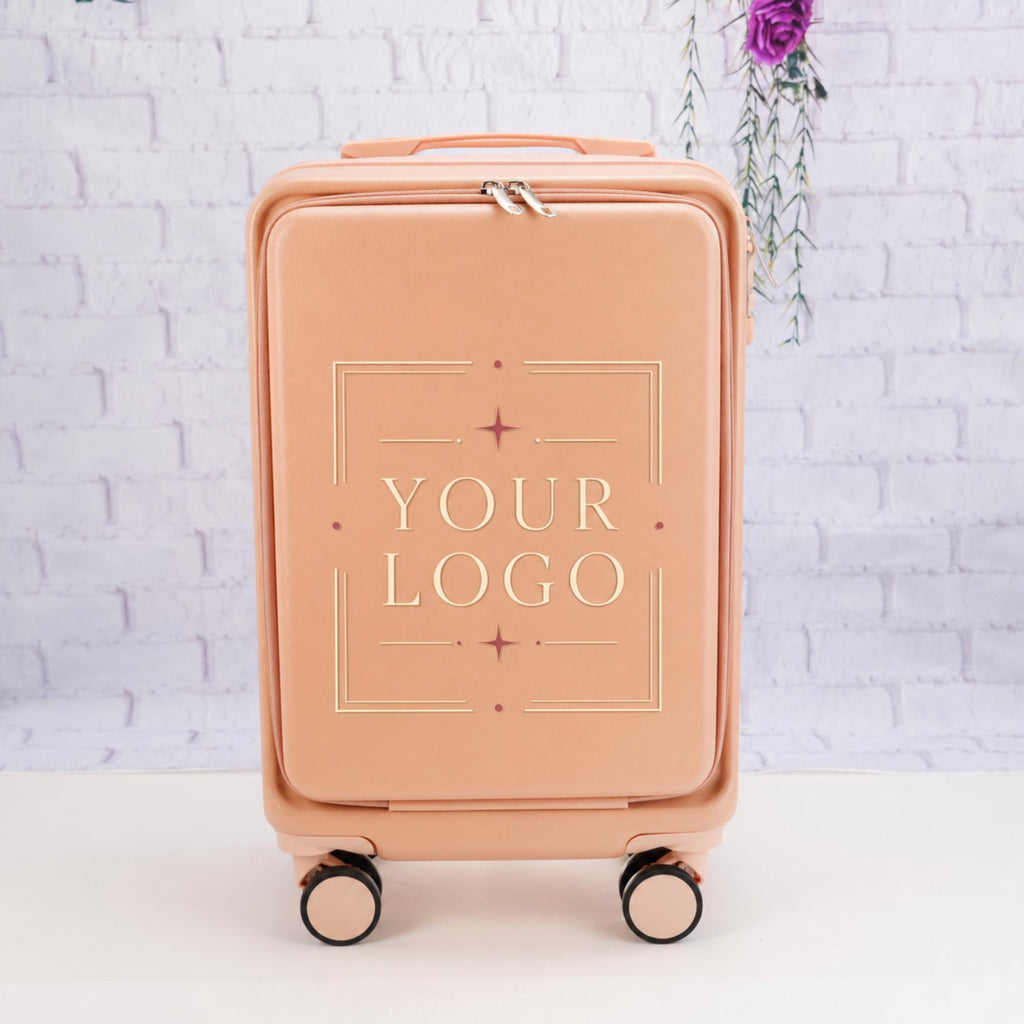 Pale pink custom logo carry-on suitcase with a Your Logo placeholder inside a rectangular decorative border