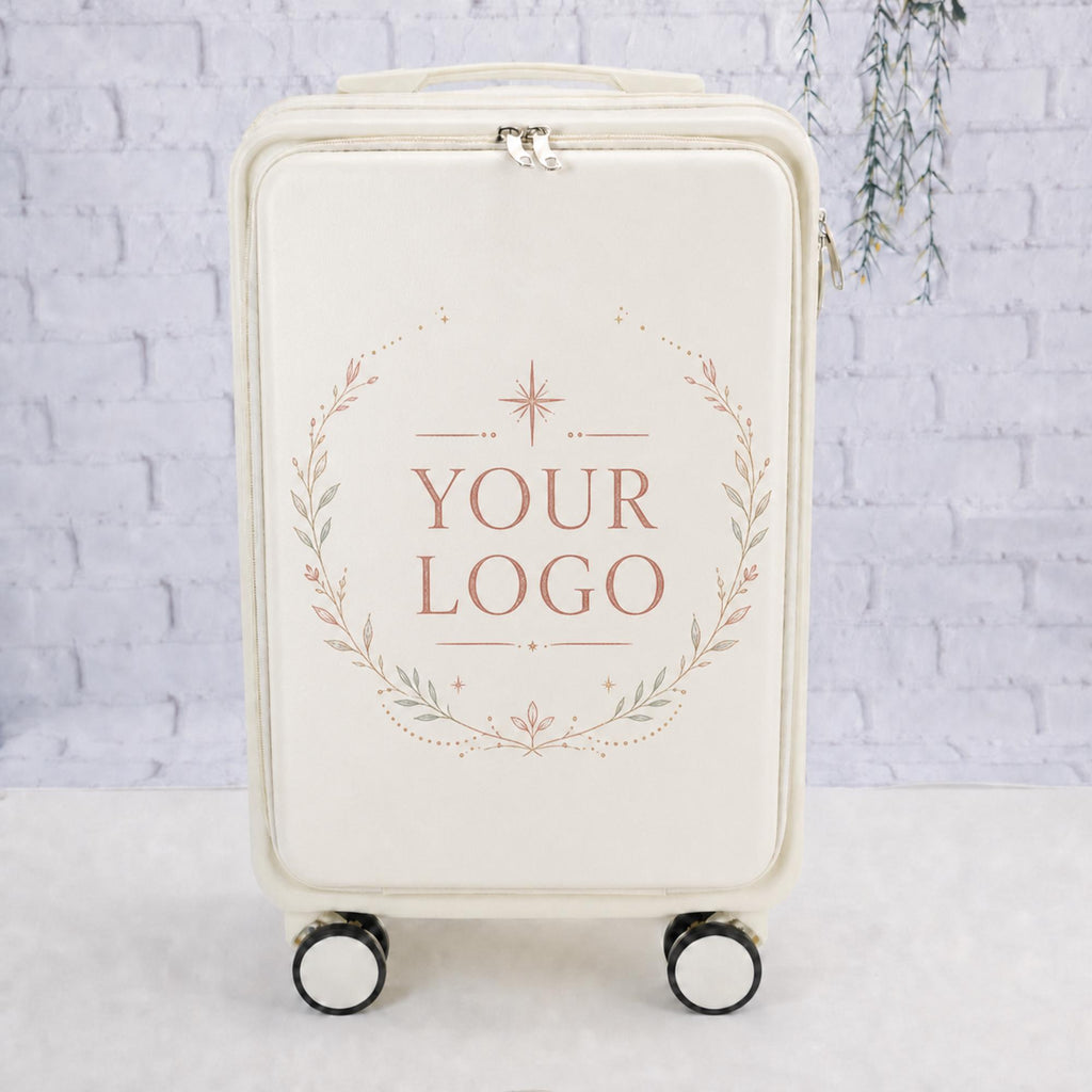 White custom logo carry-on suitcase with a Your Logo placeholder inside a delicate wreath topped by a star motif