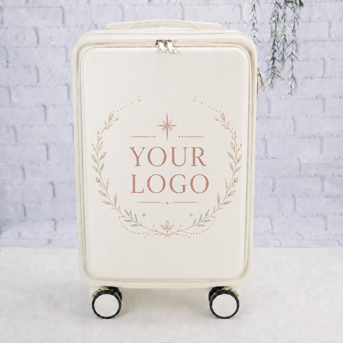 White custom logo carry-on suitcase with a Your Logo placeholder inside a delicate wreath topped by a star motif