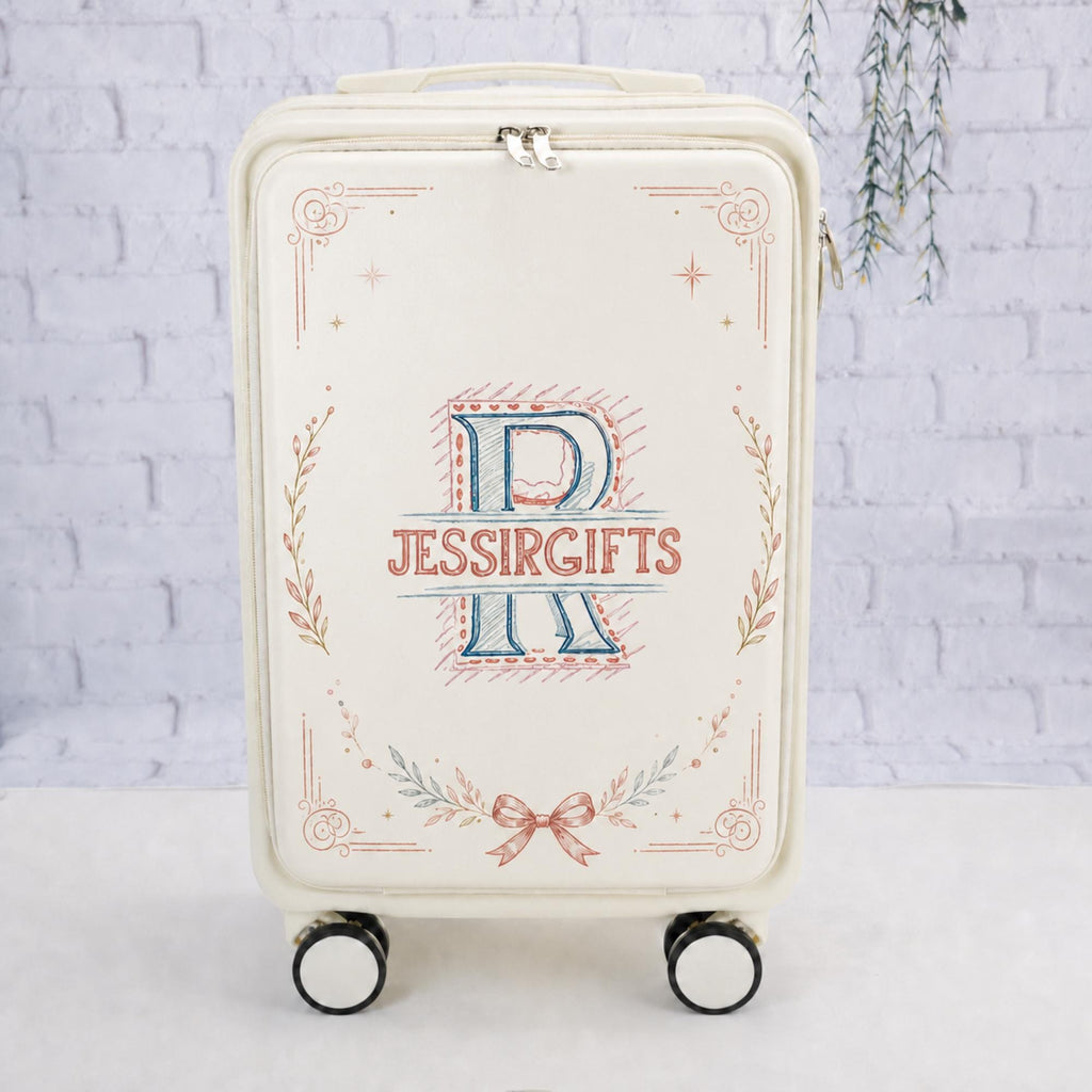 White custom logo carry-on suitcase with a JessiRGifts monogram example framed by delicate botanical motifs and a bow
