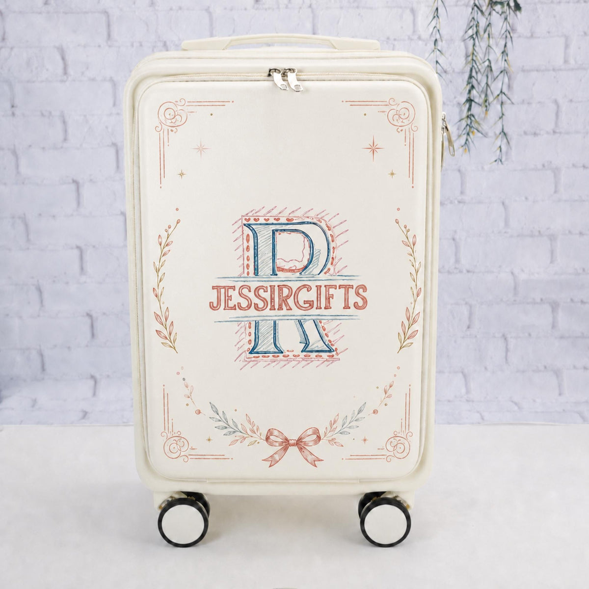 White custom logo carry-on suitcase with a JessiRGifts monogram example framed by delicate botanical motifs and a bow