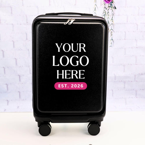 Black custom logo carry-on suitcase with Your Logo Here placeholder lettering and an Est. 2026 badge on the front