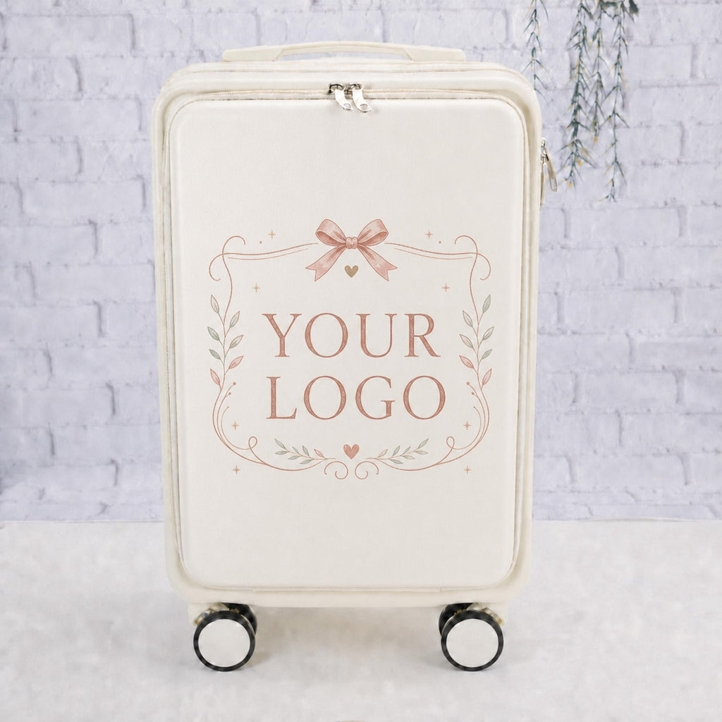 White custom logo carry-on suitcase with a Your Logo placeholder inside a rose-colored botanical frame and bow