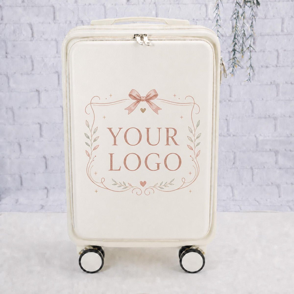 White custom logo carry-on suitcase with a Your Logo placeholder inside a rose-colored botanical frame and bow