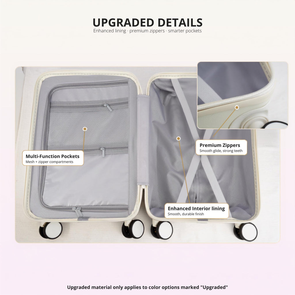 Upgraded suitcase interior showing pockets, zippers and lining; these upgrades apply only to color options marked Upgraded