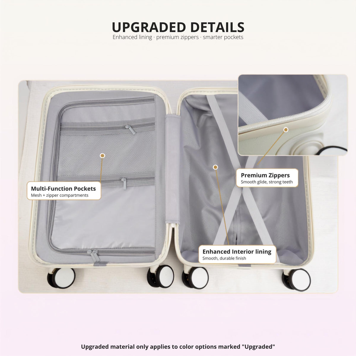 Upgraded suitcase interior showing pockets, zippers and lining; these upgrades apply only to color options marked Upgraded