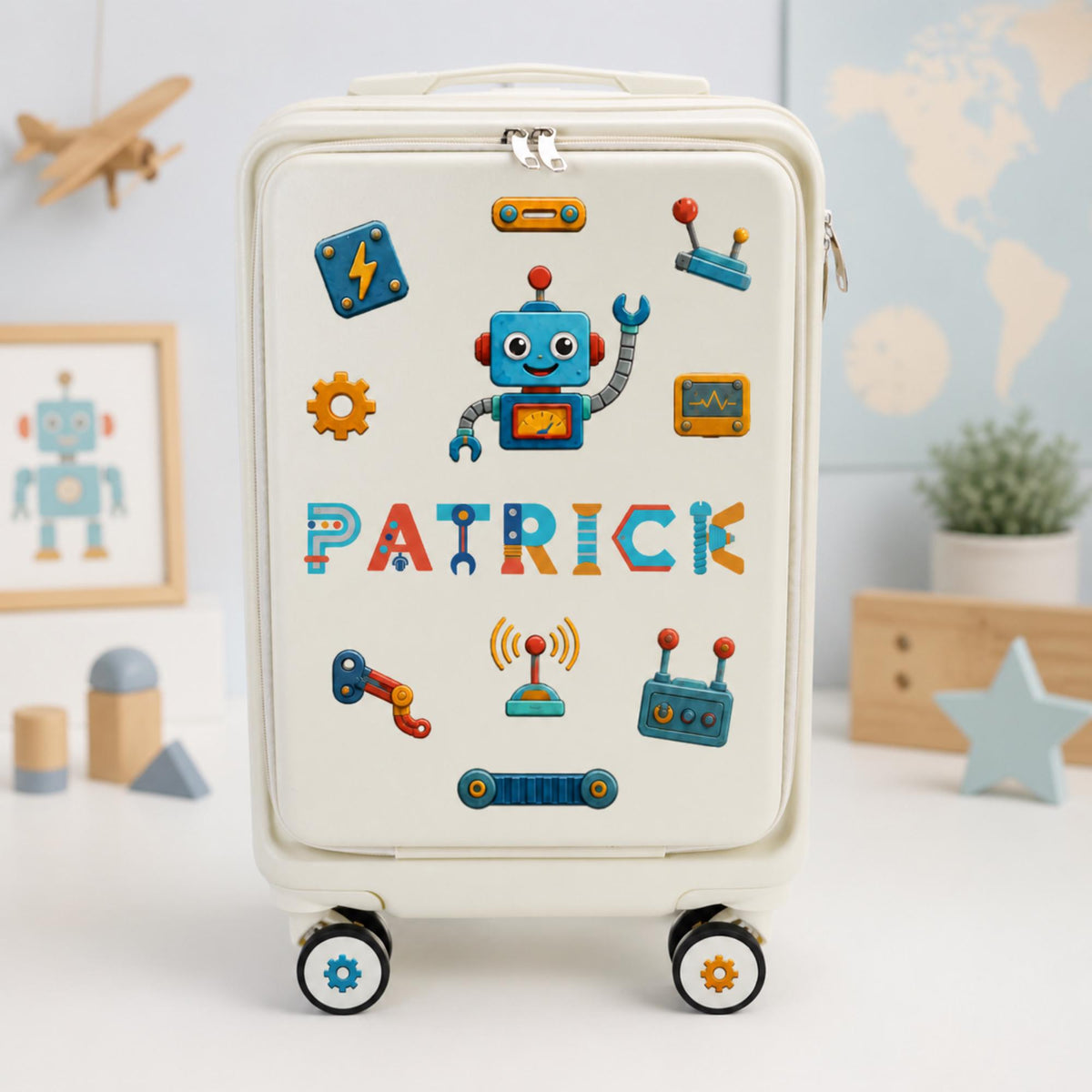 Front view of a white robot carry-on suitcase with blue robot, gear and controller graphics and example name Patrick