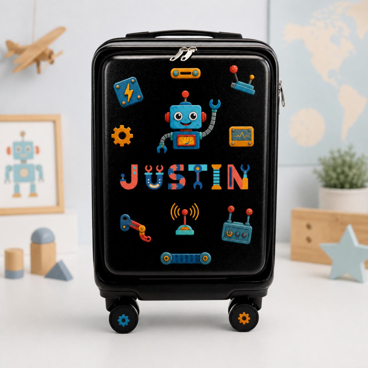 Black robot carry-on suitcase with blue robot and technology graphics and example name Justin