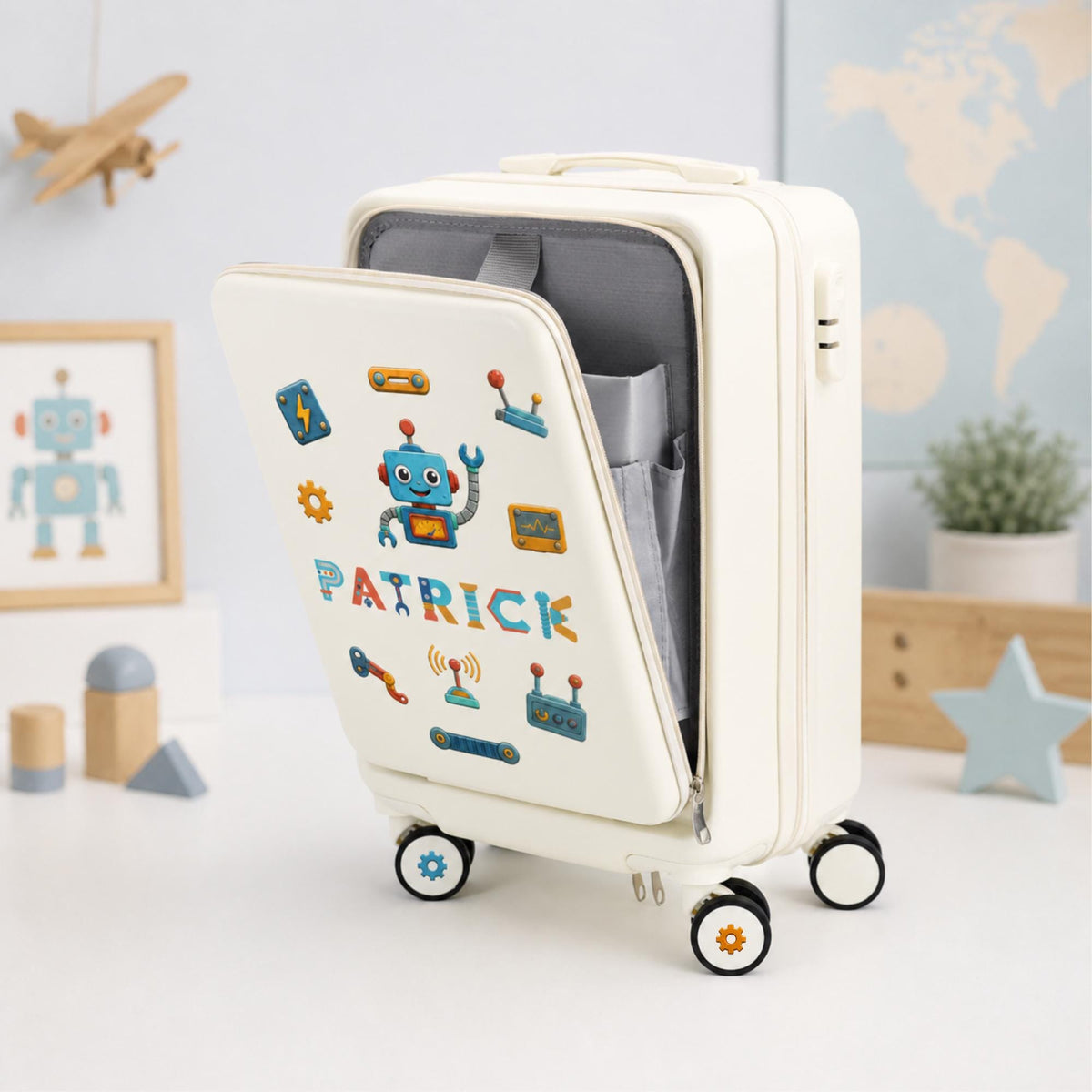 White robot carry-on suitcase with its front compartment open, colorful technology graphics and example name Patrick