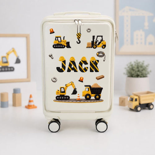 White construction-themed carry-on suitcase with yellow machinery graphics and example name Jack on the front