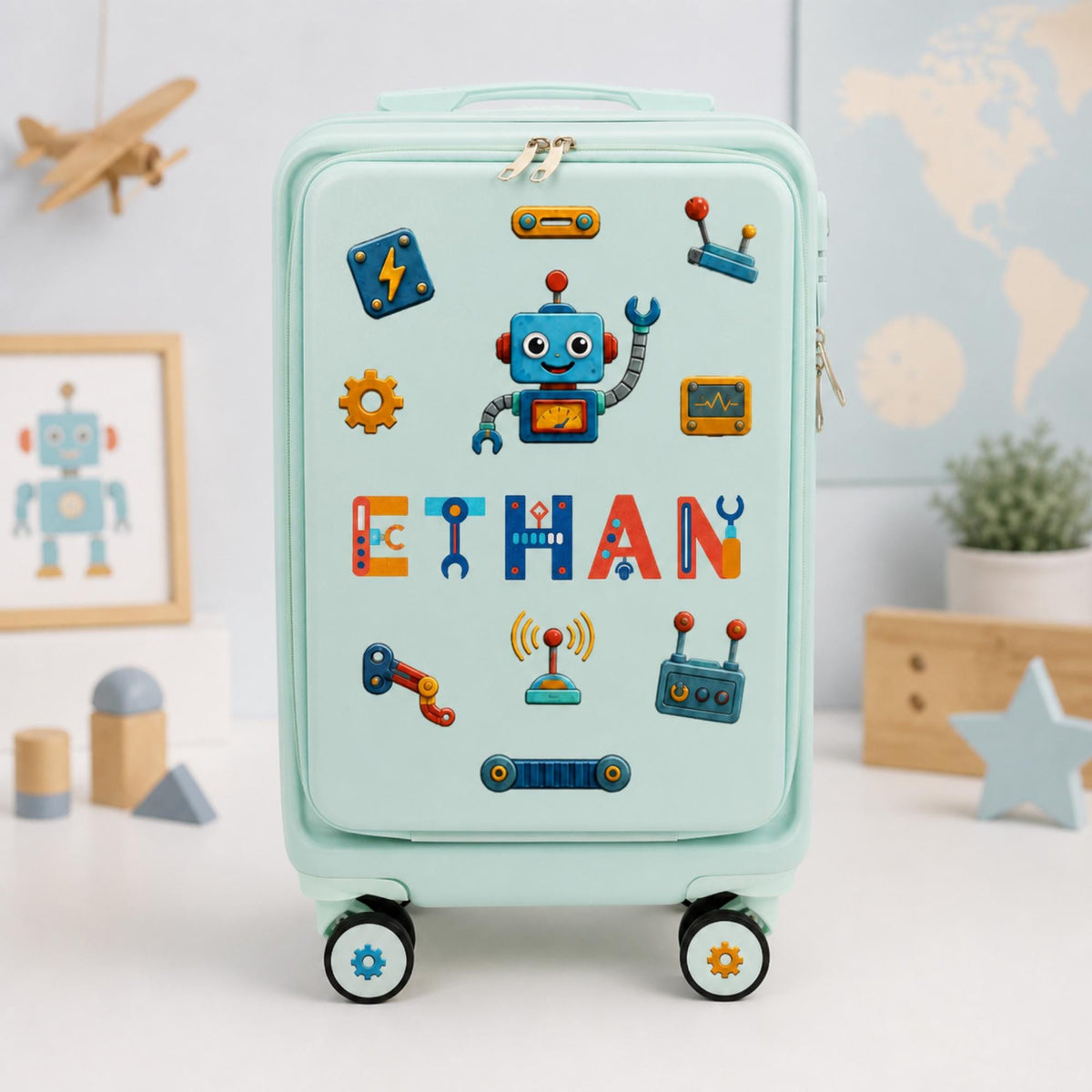 Mint green robot carry-on suitcase with blue robot and technology graphics and example name Ethan
