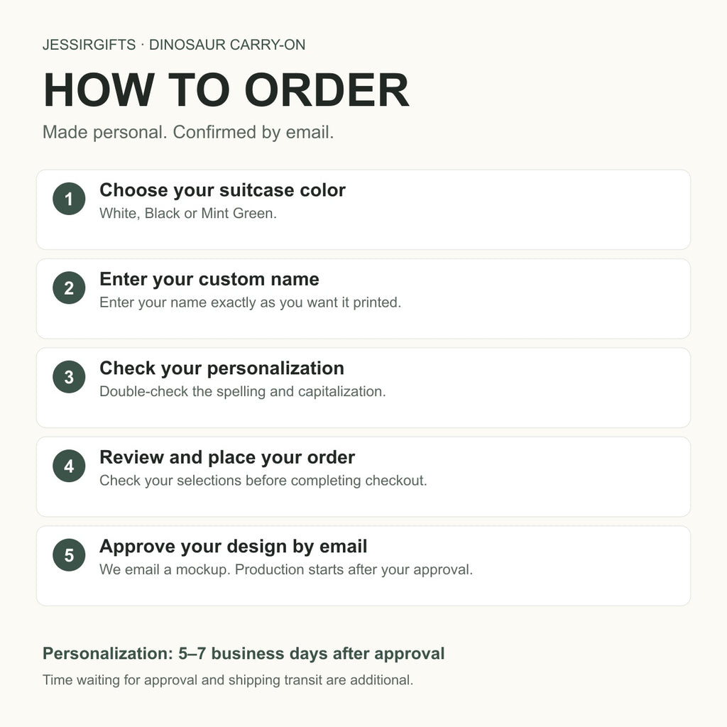 Dinosaur luggage ordering guide: choose White, Black or Mint Green, enter your custom name, and approve your design by email before production