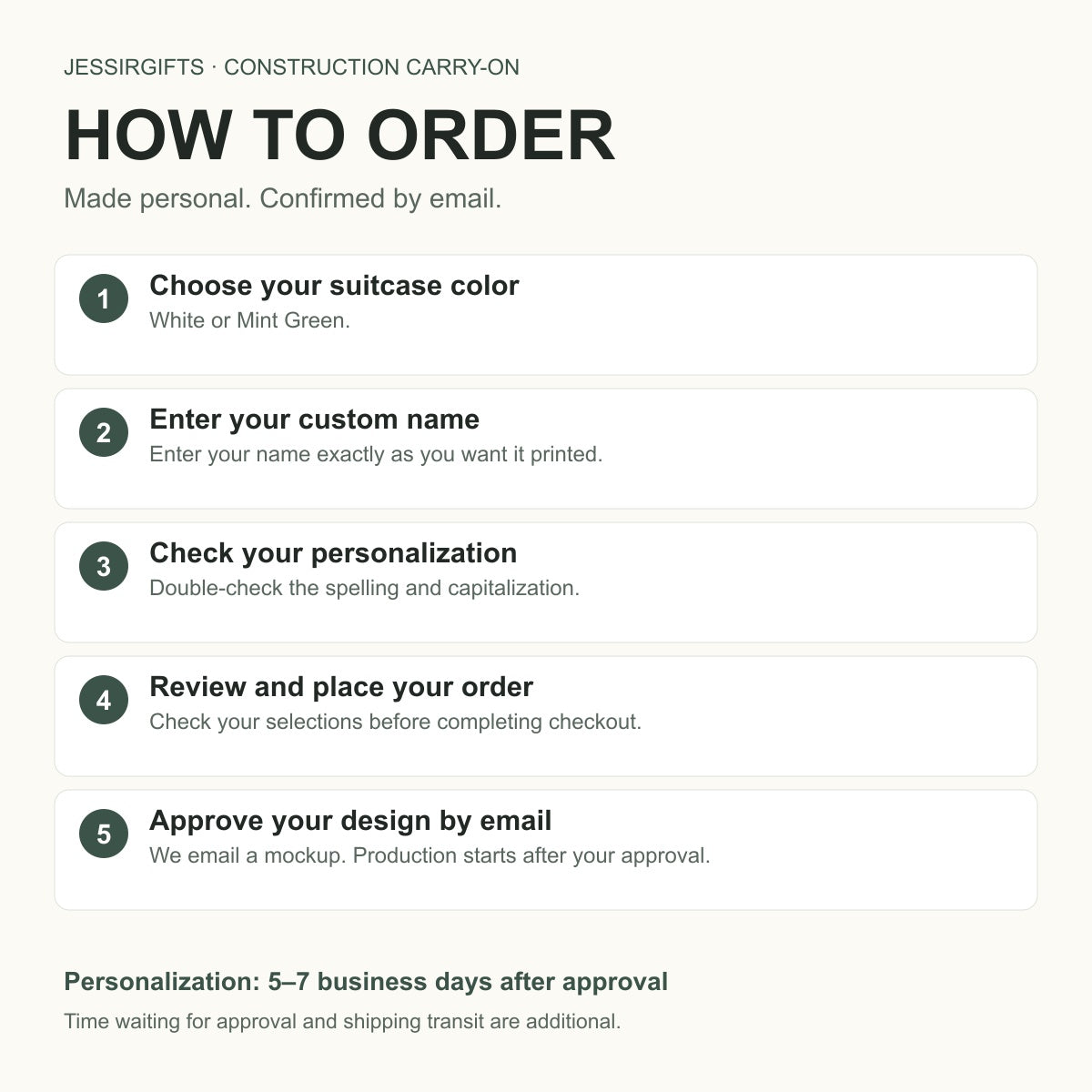 Construction luggage ordering guide: choose White or Mint Green, enter your custom name, and approve your design by email before production
