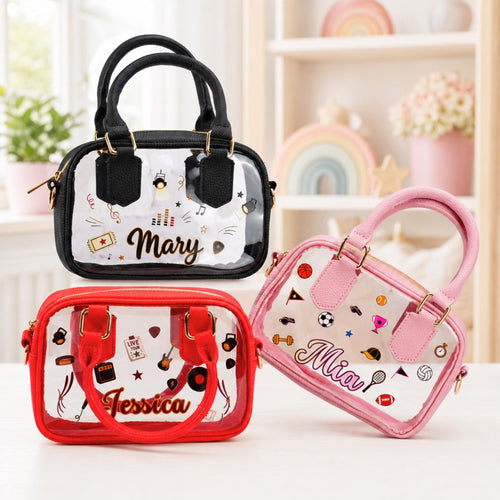 Clear stadium crossbody bags with black, red and pink trim, personalized names and illustrated front designs