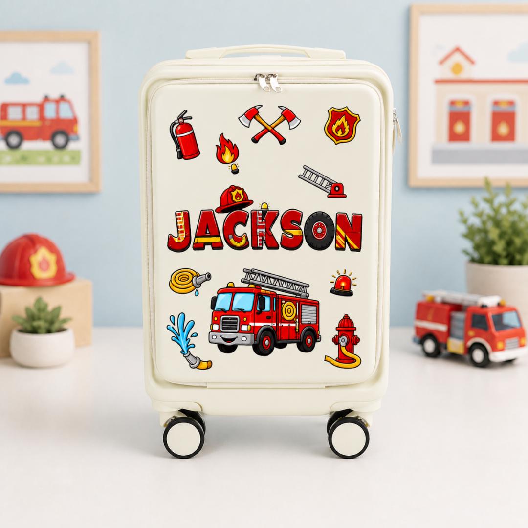 Front view of a white firefighter carry-on suitcase with fire engine, helmet and hose graphics and example name Jackson