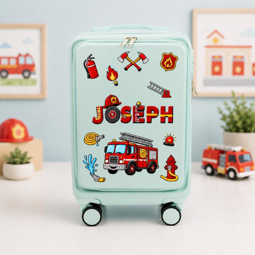 Mint green firefighter carry-on suitcase with fire engine and equipment graphics and example name Joseph