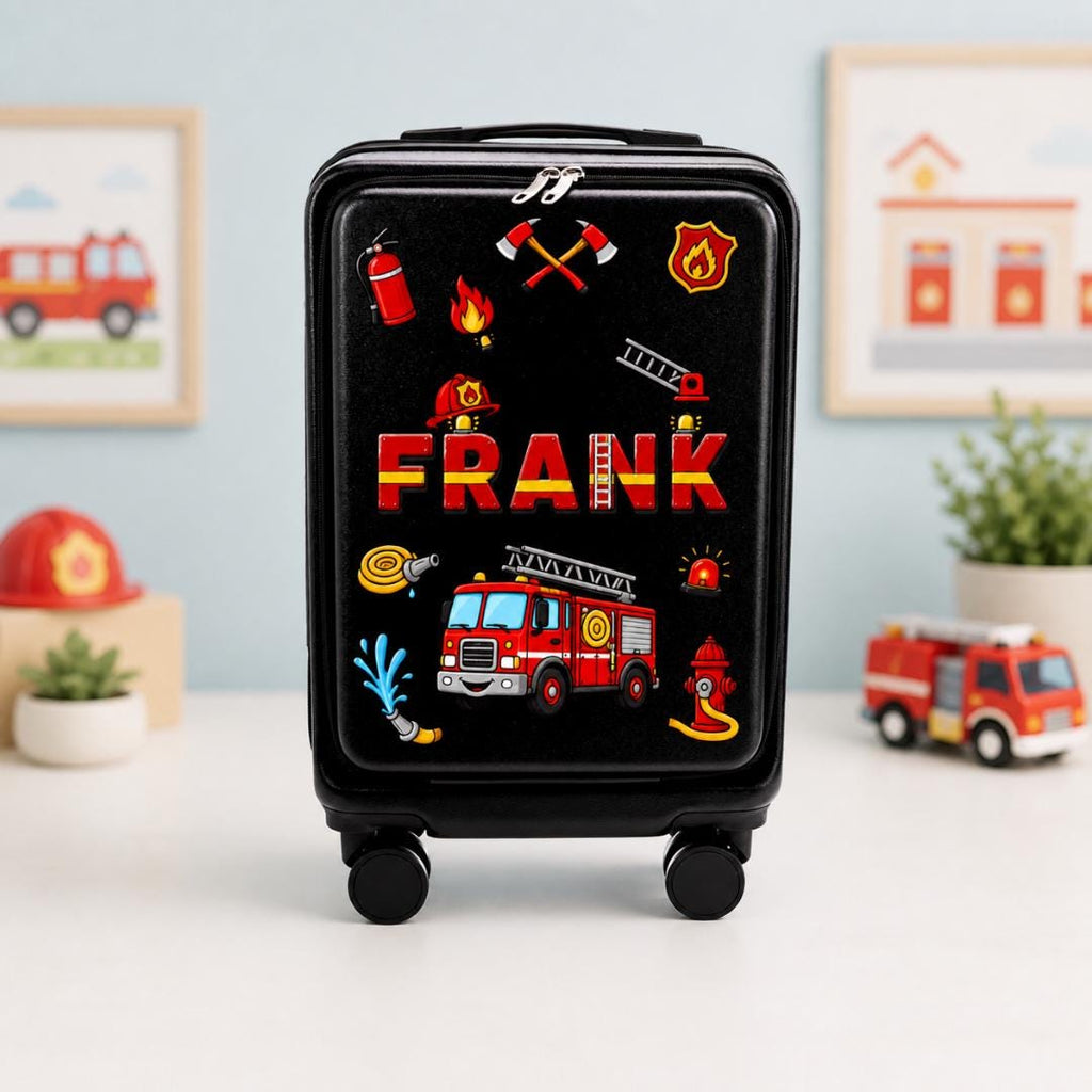 Black firefighter carry-on suitcase with fire engine and equipment graphics and example name Frank
