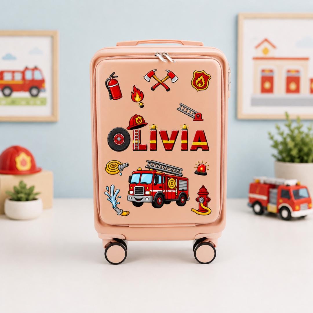 Pale pink firefighter carry-on suitcase with fire engine and equipment graphics and example name Olivia