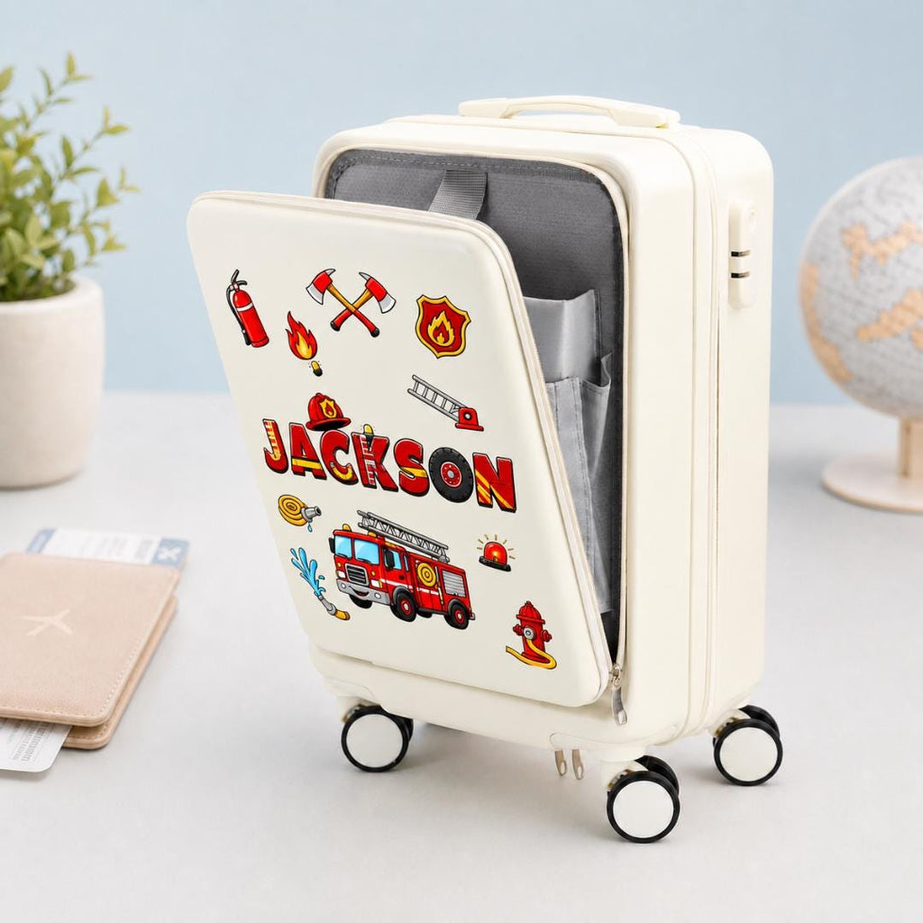 White firefighter carry-on suitcase with its front compartment open, fire engine graphics and example name Jackson
