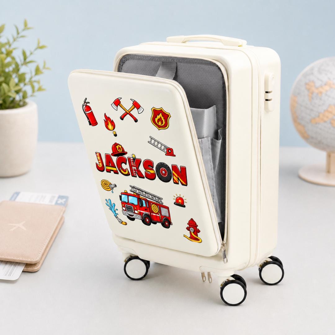 White firefighter carry-on suitcase with its front compartment open, fire engine graphics and example name Jackson