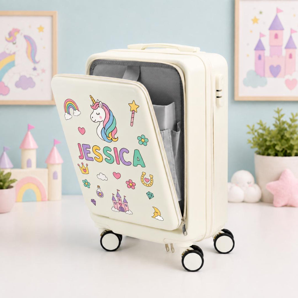 White unicorn carry-on suitcase with its front compartment open, pastel fantasy graphics and example name Jessica
