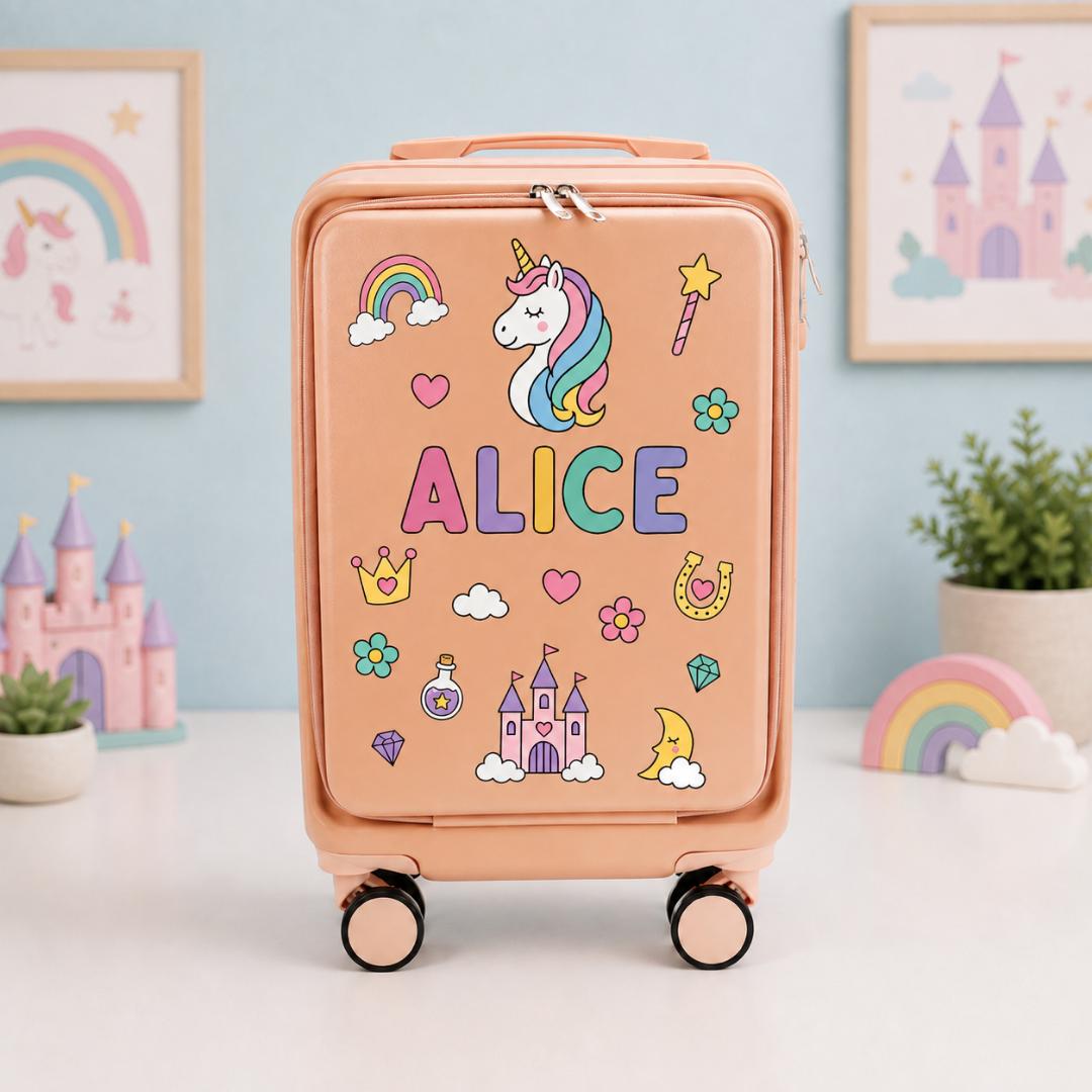 Pale pink unicorn carry-on suitcase with rainbow and castle graphics and example name Alice