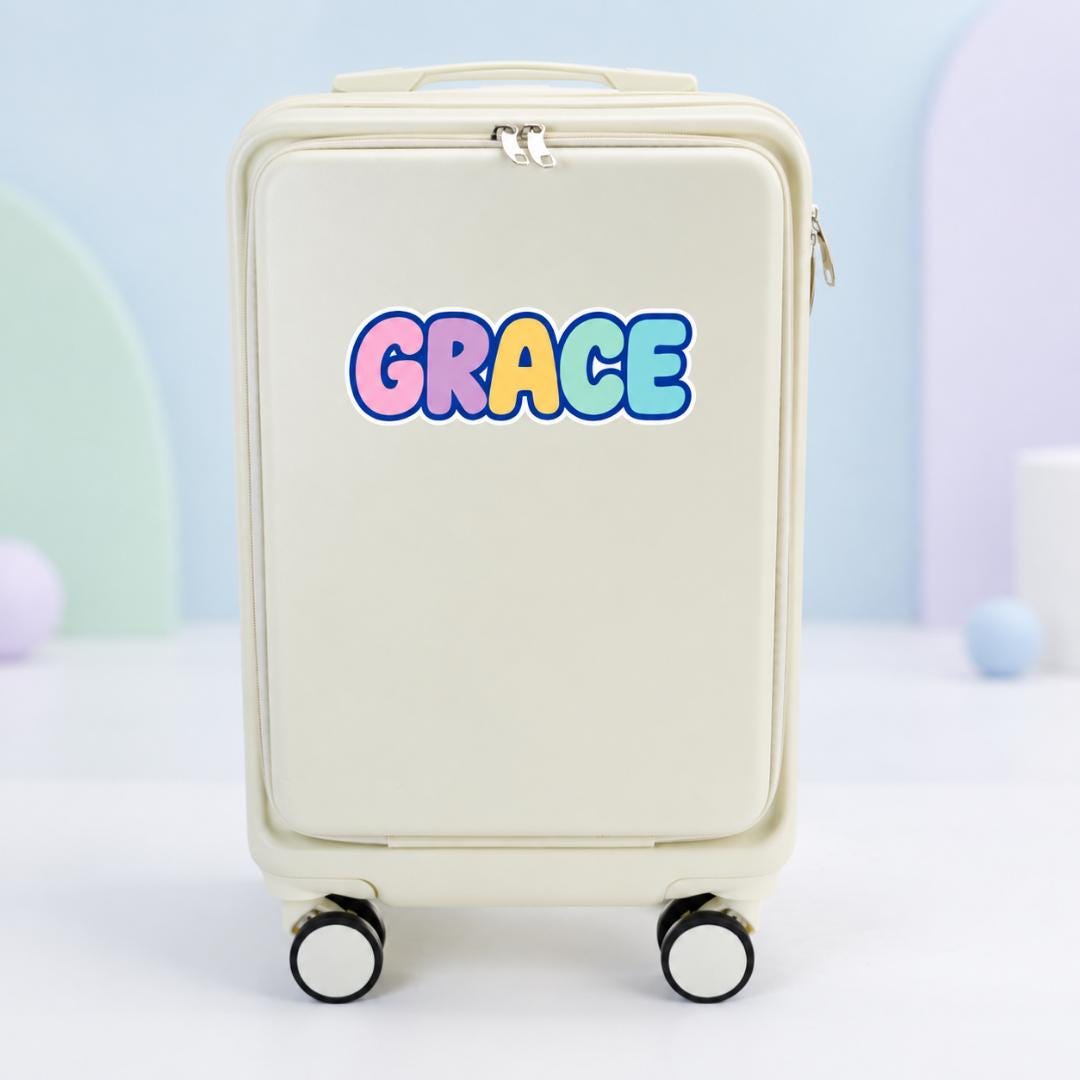 White personalized carry-on suitcase with example name Grace in pastel bubble letters outlined in blue