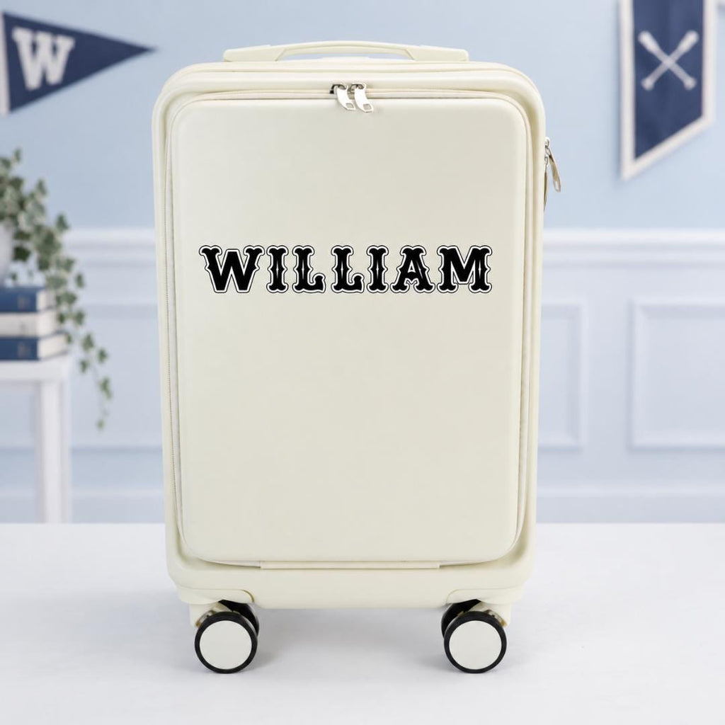 White personalized carry-on suitcase with example name William in black outlined collegiate lettering