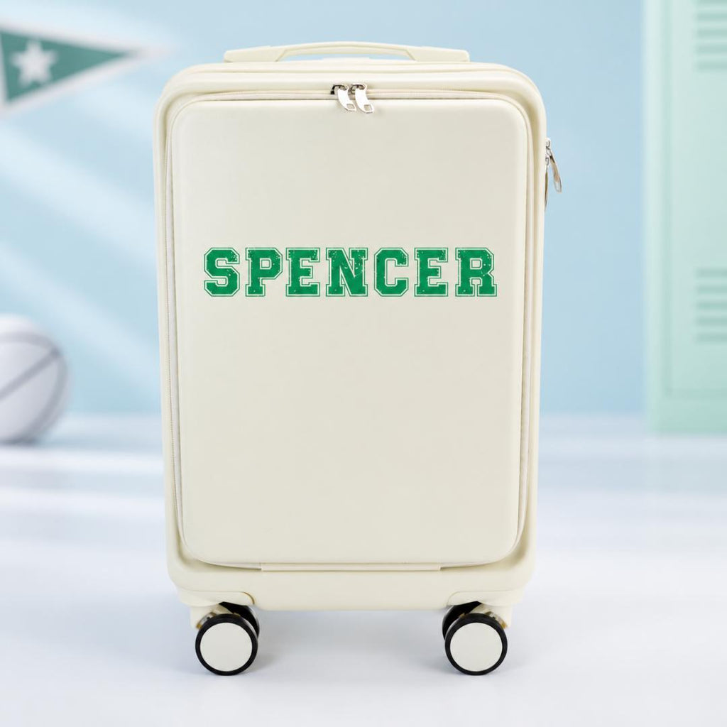 White personalized carry-on suitcase with example name Spencer in green varsity-style lettering