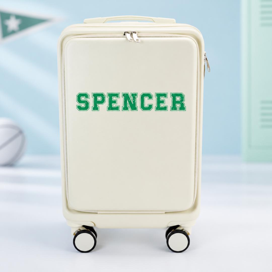 White personalized carry-on suitcase with example name Spencer in green varsity-style lettering