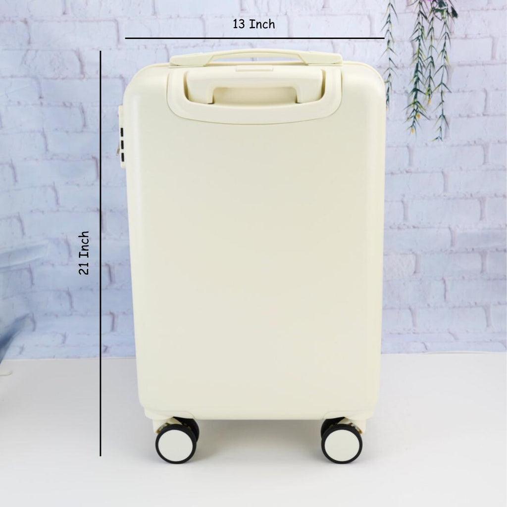 Rear view of a white carry-on suitcase with dimensions marked 13 inches wide and 21 inches high