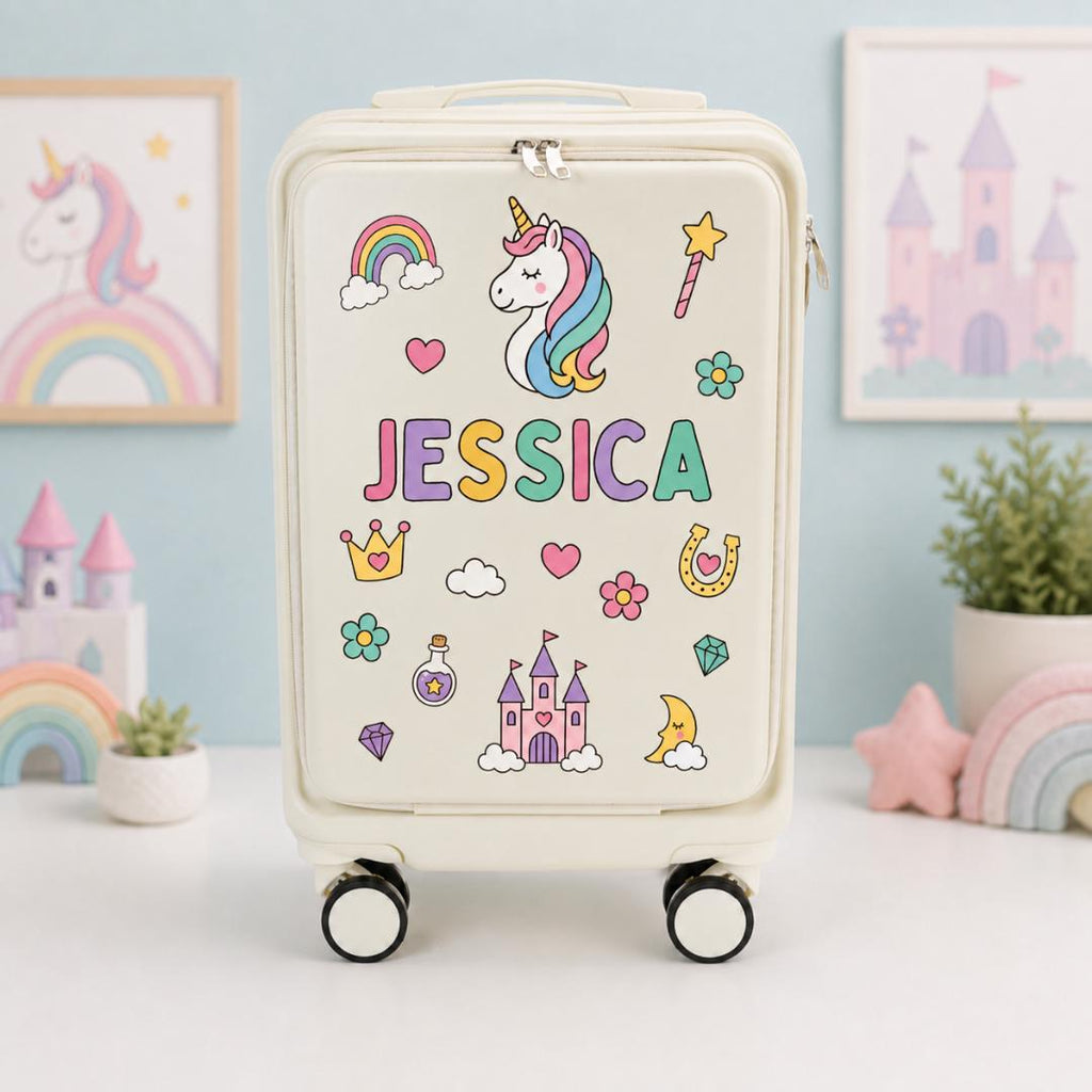 Front view of a white unicorn carry-on suitcase with rainbow, castle and heart graphics and example name Jessica