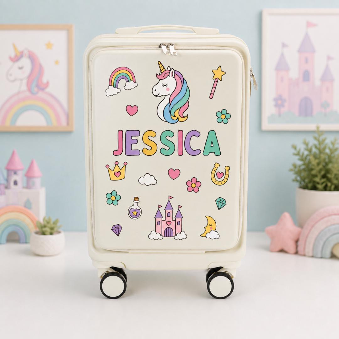 Front view of a white unicorn carry-on suitcase with rainbow, castle and heart graphics and example name Jessica