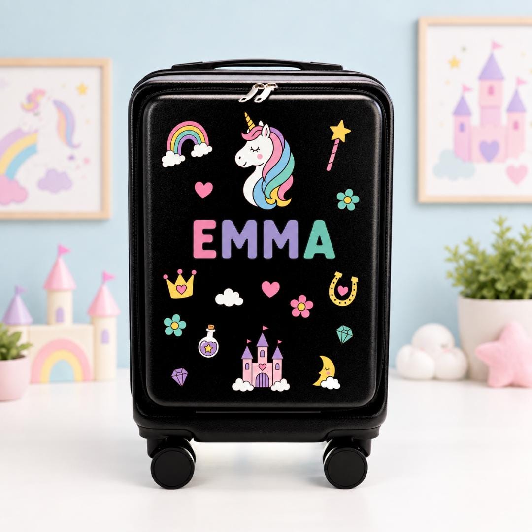 Black unicorn carry-on suitcase with rainbow and castle graphics and example name Emma