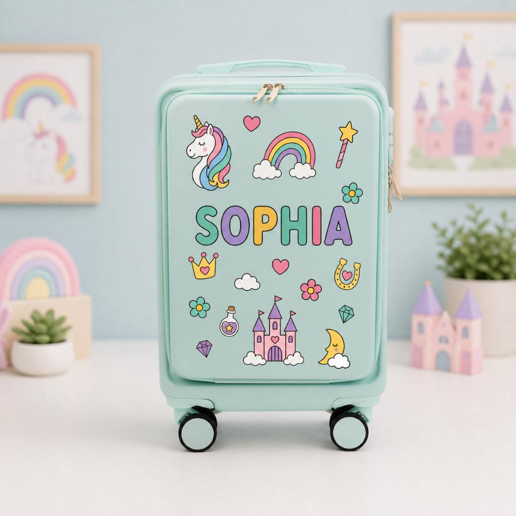 Mint green unicorn carry-on suitcase with rainbow and castle graphics and example name Sophia