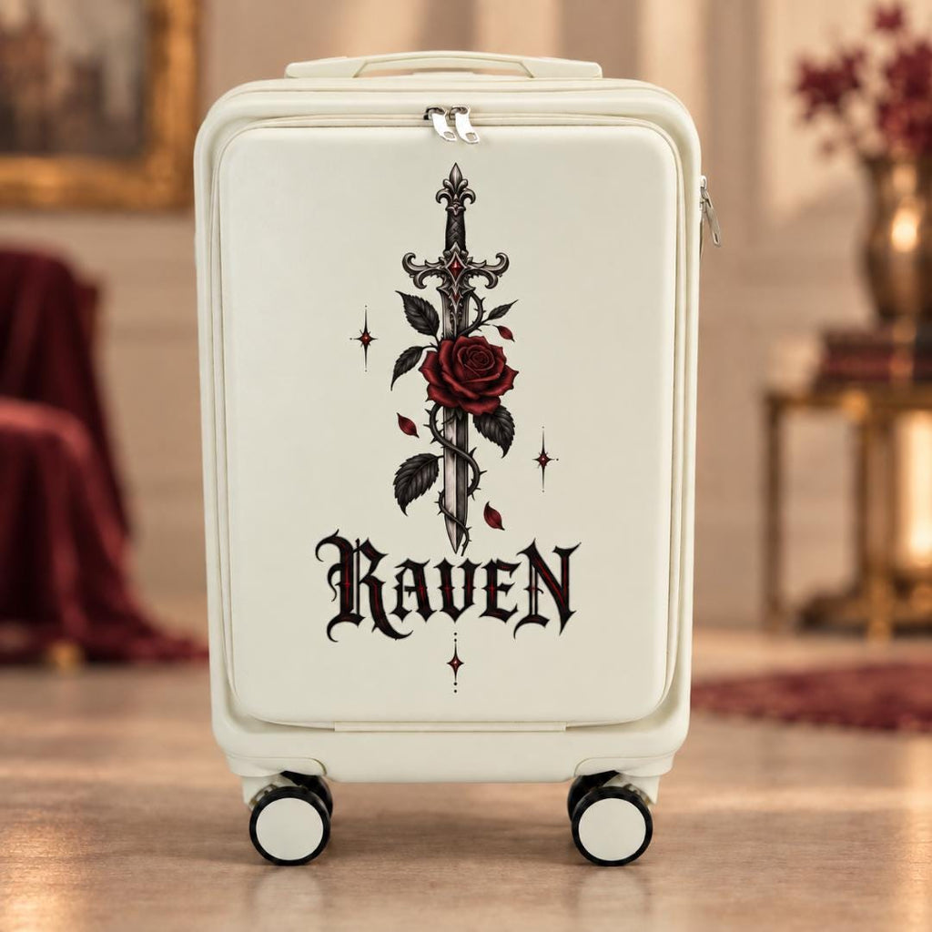 White gothic carry-on suitcase with a dagger wrapped in a red rose and example name Raven in gothic lettering